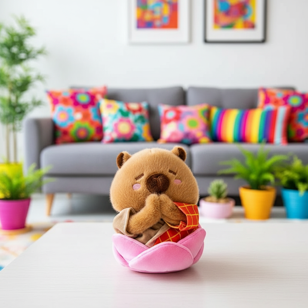 Plush toy capybara in a pink lotus flower on a table with a colorful couch and plants in the background