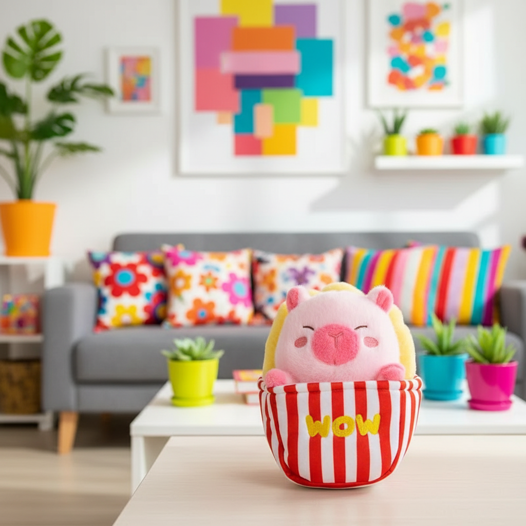 Plush toy capybara in a striped basket labeled 'WOW' in a colorful living room.