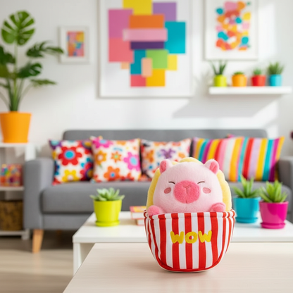 Plush toy capybara in a striped basket labeled 'WOW' in a colorful living room.