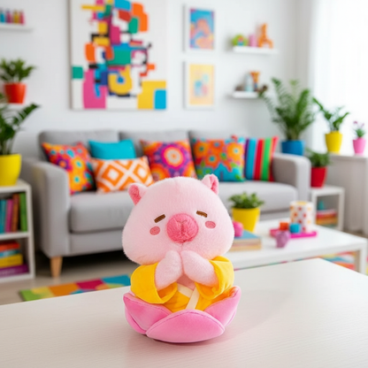 Plush toy capybara in a living room with colorful decor