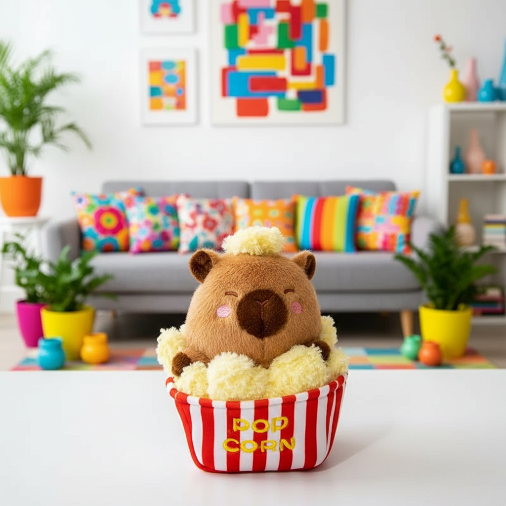 Plush toy capybara in a popcorn bucket on a table with a colorful living room in the background