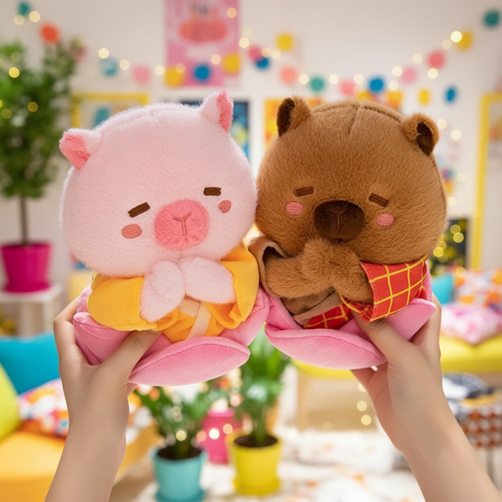 Two plush toys, one pink capybara and one brown capybara, held in hands with a colorful blurred background.
