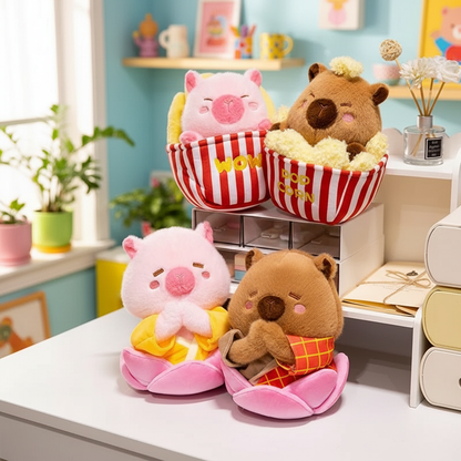 Plush toys resembling a capybara in a decorative setting with plants and shelves.