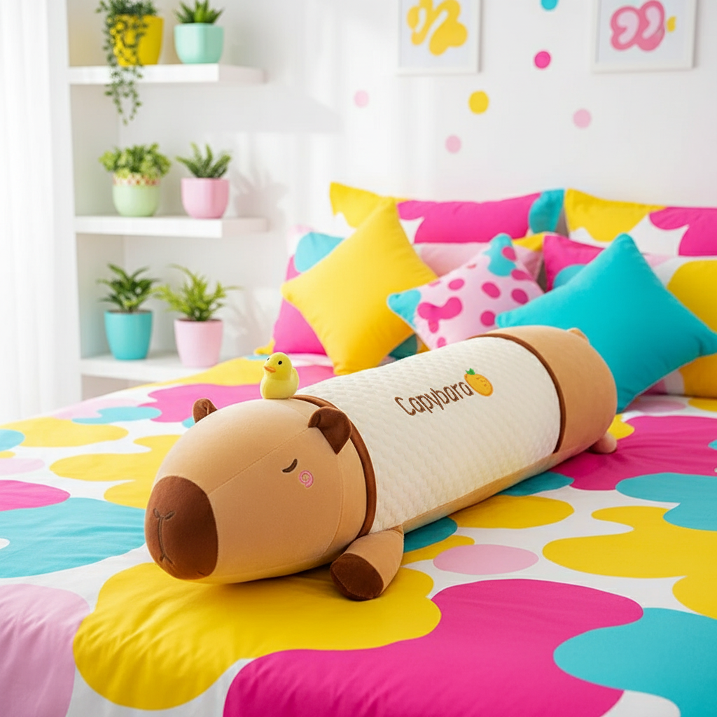 Capybara-shaped plush body pillow on a colorful bed with decorative pillows and plants in the background.