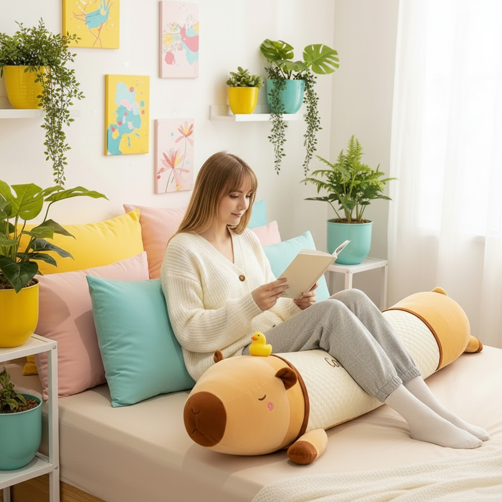 Woman sitting on a bed with colorful pillows and a large capybara-shaped body pillow, surrounded by plants.