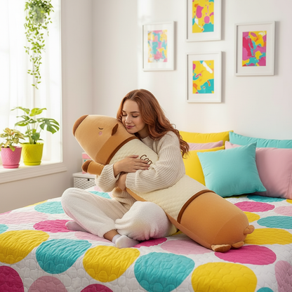 Woman hugging a large plush toy in a colorful bedroom