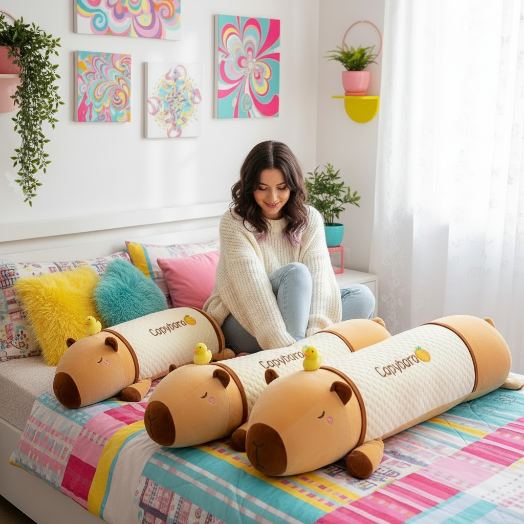 Woman sitting on a bed with large cartoonish capybara-shaped pillows in a bright room.