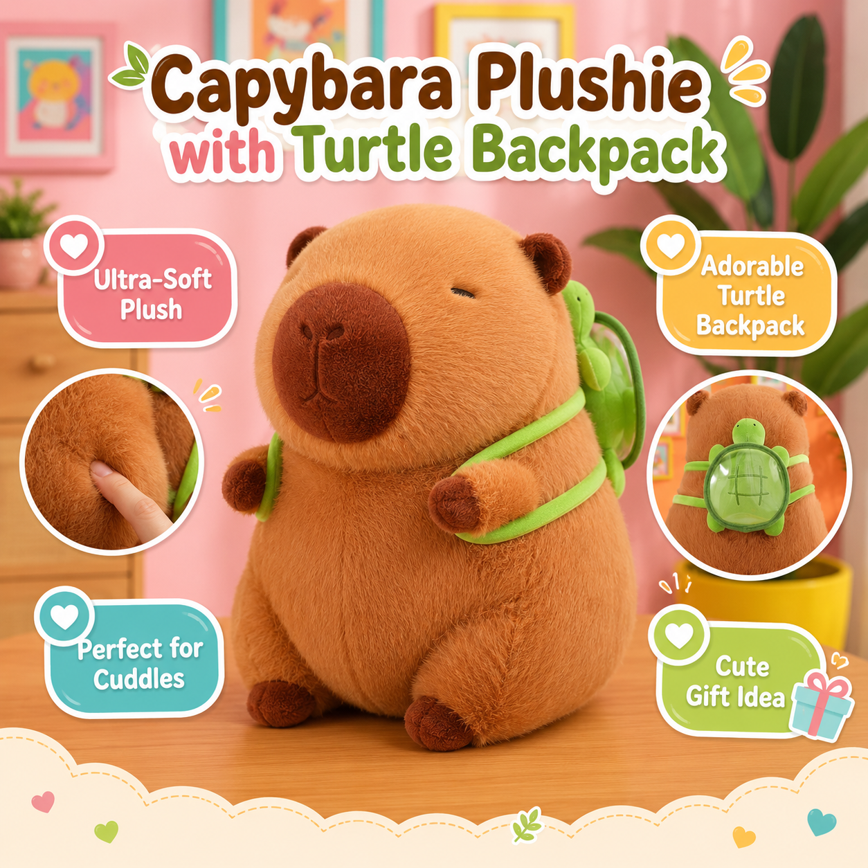A capybara plush toy with a green turtle backpack, shown in a styled room scene with promotional text and callout bubbles highlighting soft plush material, the turtle backpack, and suitability for cuddles.