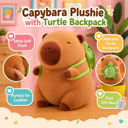 A capybara plush toy with a green turtle backpack, shown in a styled room scene with promotional text and callout bubbles highlighting soft plush material, the turtle backpack, and suitability for cuddles.