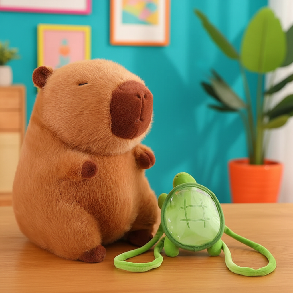 Plush capybara toy with a green turtle toy on a wooden surface against a colorful wall.