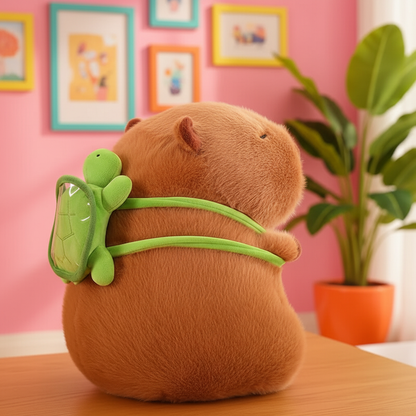 Plush toy capybara with a green turtle on a pink wall background
