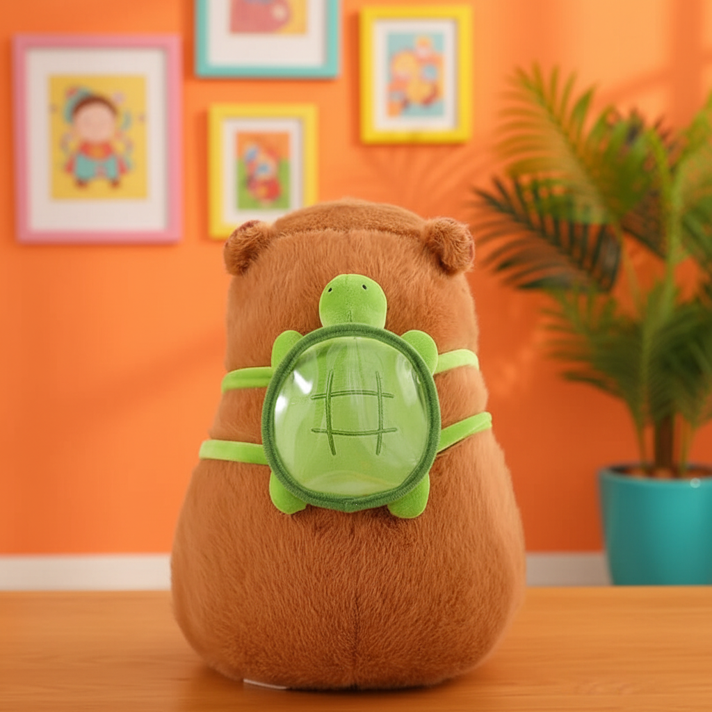 Capybara plush toy with a green turtle shell on a wooden table against an orange wall with colorful pictures.