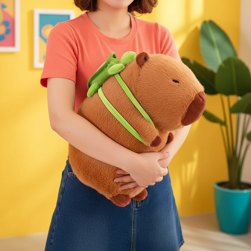 Person holding a plush toy resembling a capybara with a green ribbon against a yellow wall.