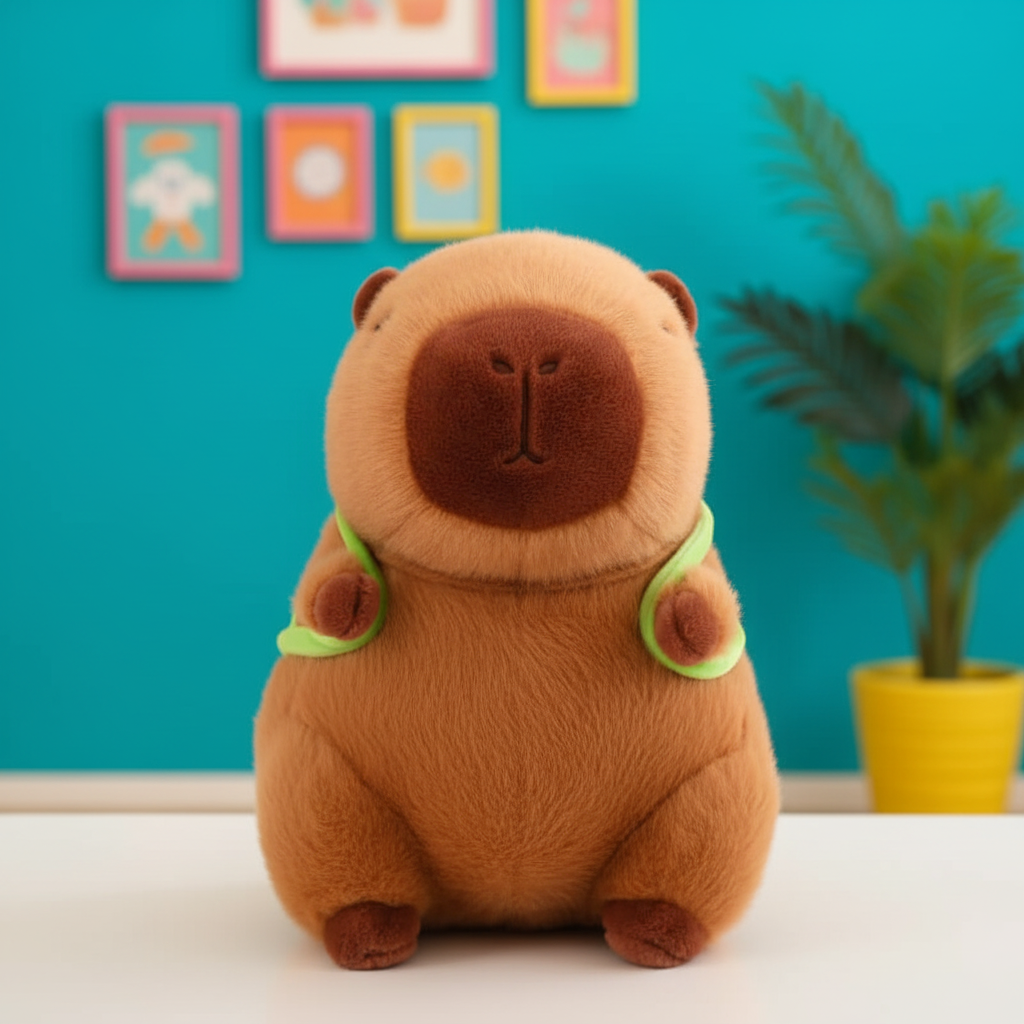 Brown plush capybara toy with green straps on a white surface against a blue wall with colorful frames and a plant.