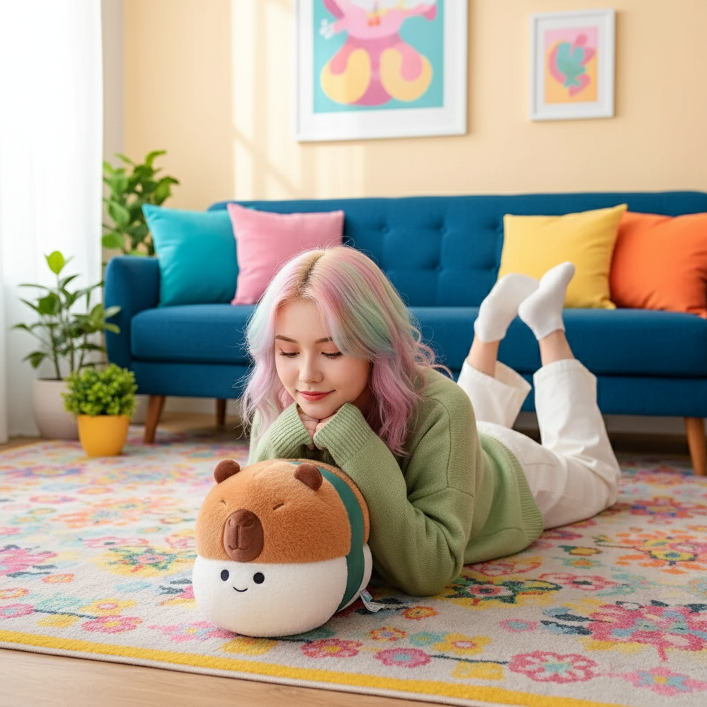 Woman lying on a colorful rug with a plush toy, surrounded by a cozy living room.