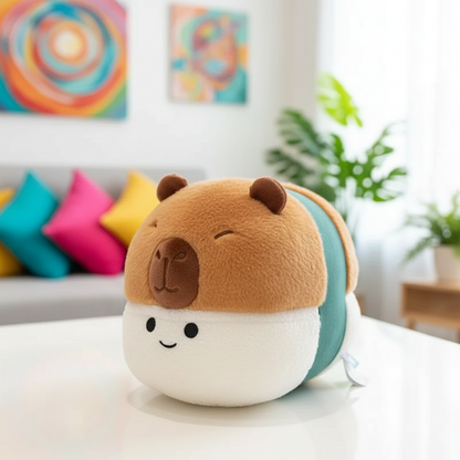 Plush toy with a cartoonish design on a table with colorful pillows and artwork in the background