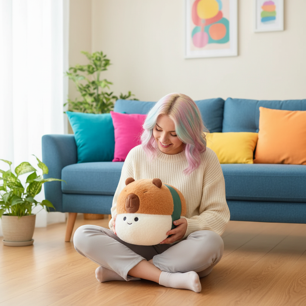 Woman holding a plush toy in a living room with colorful couch and plants.