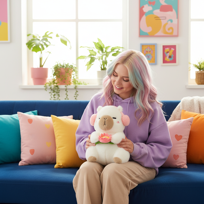 Woman sitting on a colorful couch holding a plush toy, surrounded by plants and artwork.