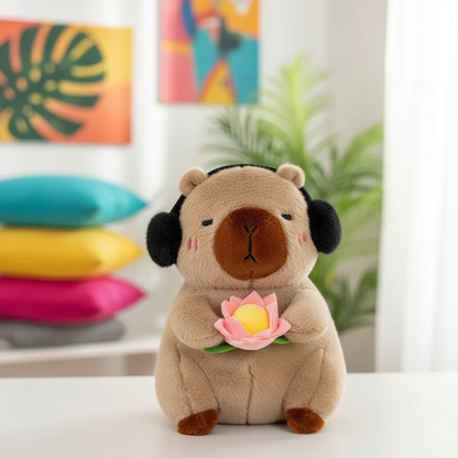 Plush toy capybara with headphones and a flower, colorful pillows and plant in the background