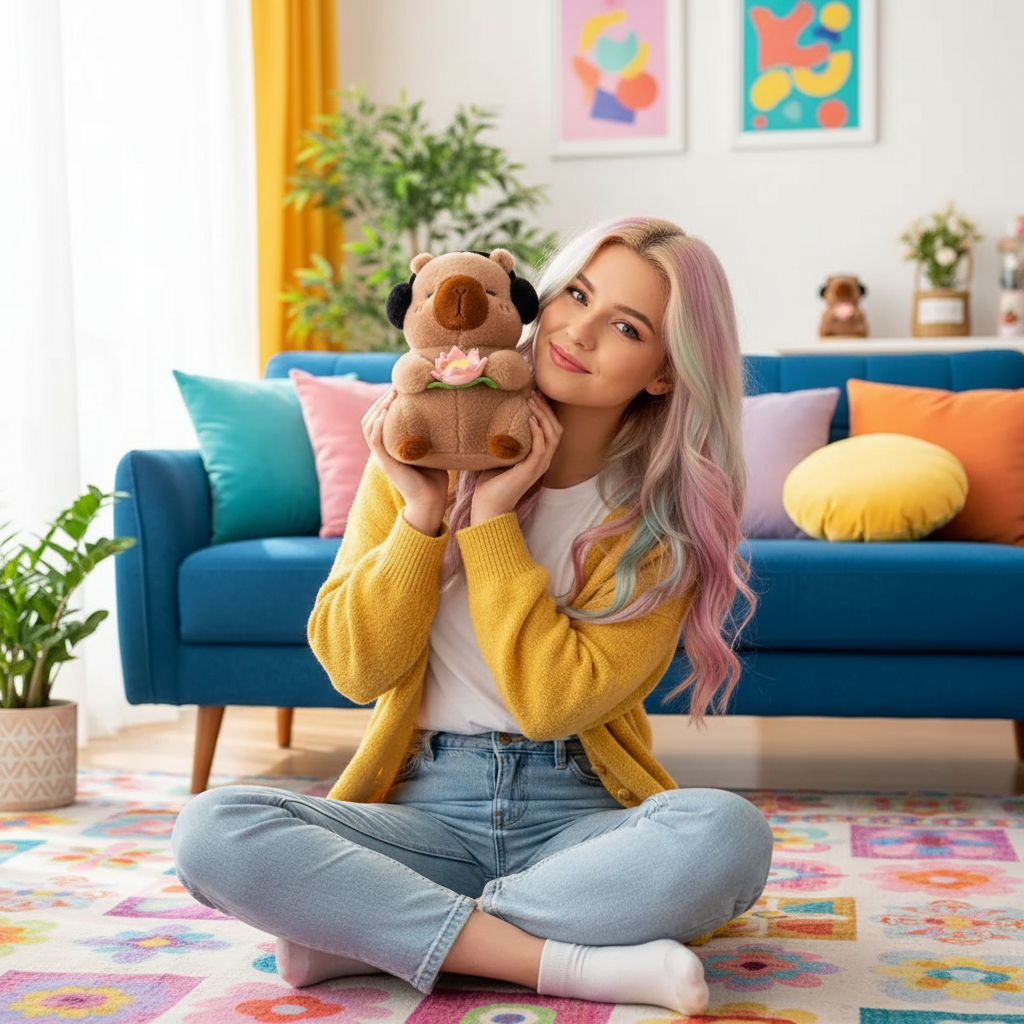Woman holding a capybara stuffed animal in a colorful living room
