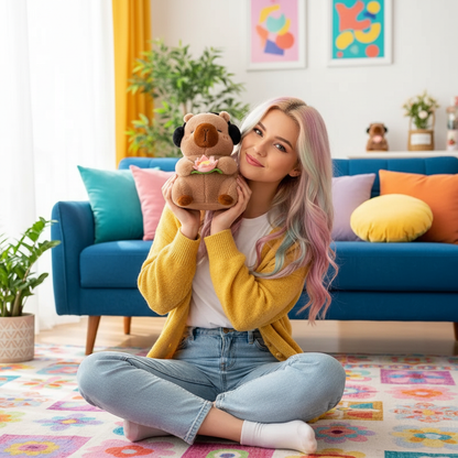 Woman holding a capybara stuffed animal in a colorful living room