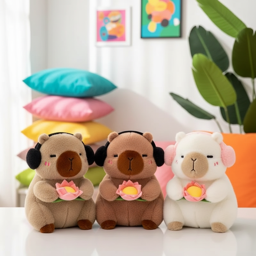 Three plush capybara toys with headphones and flowers on a white surface with colorful pillows and plants in the background.