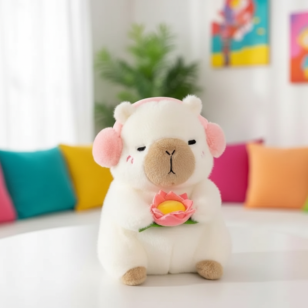 Plush toy capybara holding a flower in a room with colorful pillows and a plant.