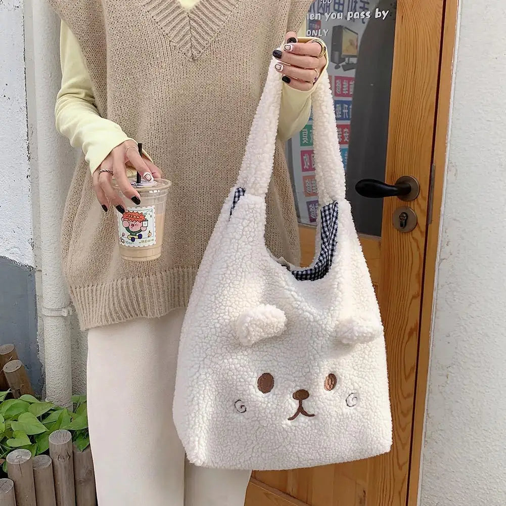 Cartoon Embroidery Soft Plush Tote White