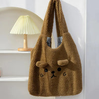 Cartoon Embroidery Soft Plush Tote Brown