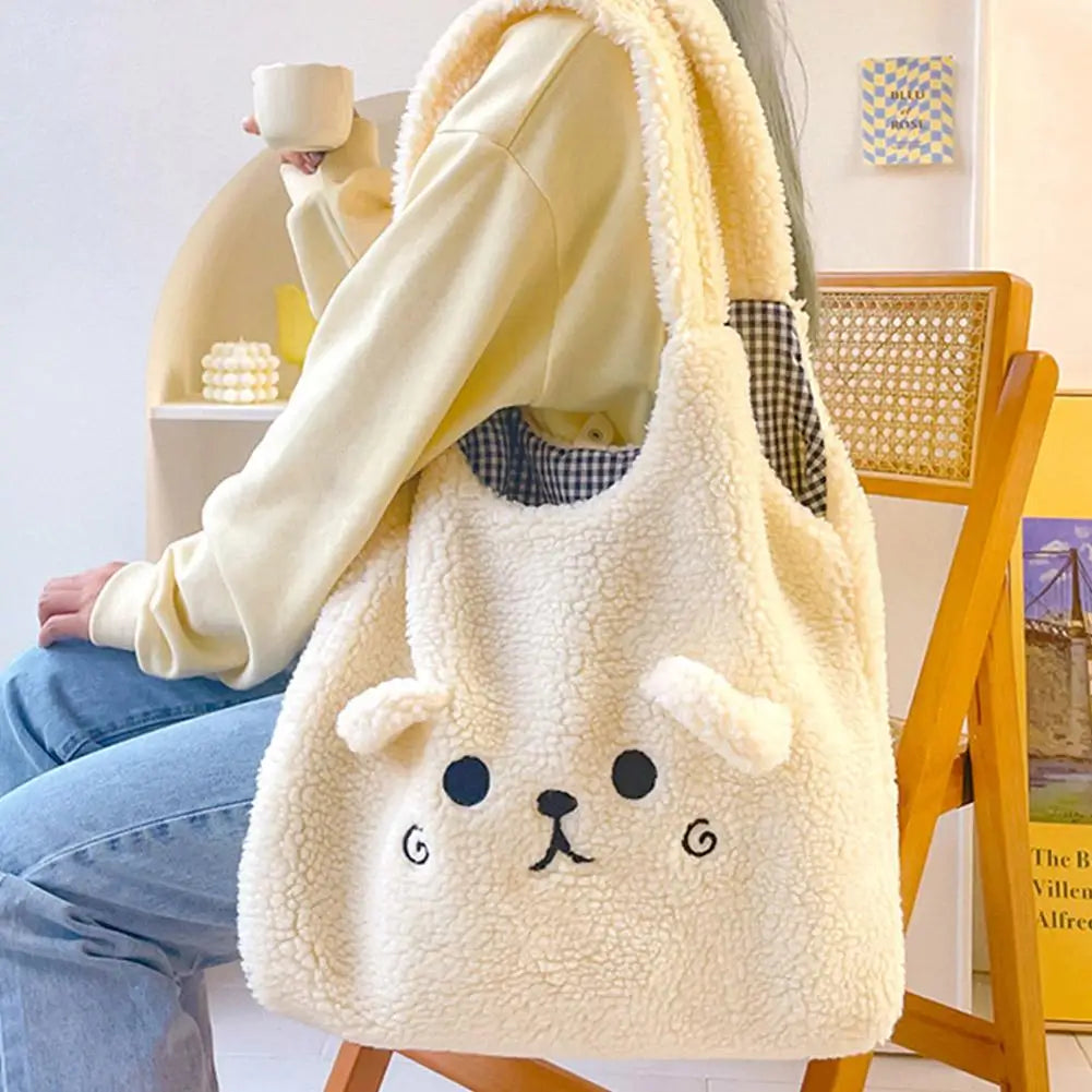 Cartoon Embroidery Soft Plush Tote Kawaii White