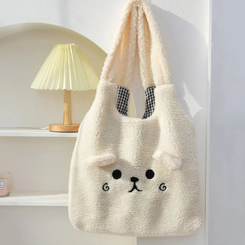 Cartoon Embroidery Soft Plush Tote White