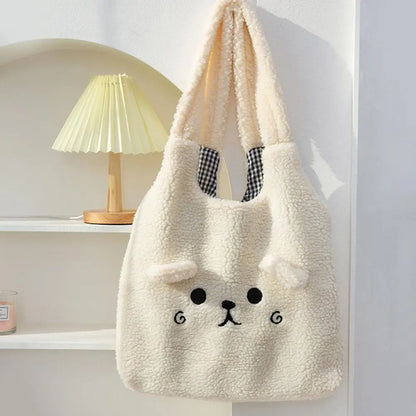 Cartoon Embroidery Soft Plush Tote White