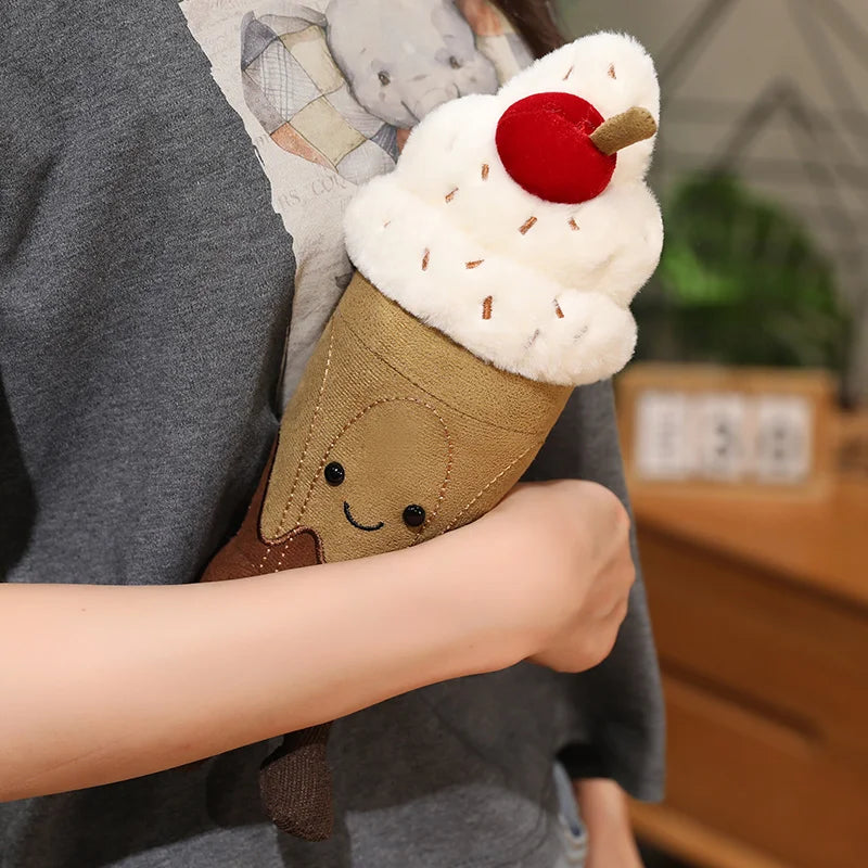 Plush toy resembling a ice cream cone held by a person in a casual setting.