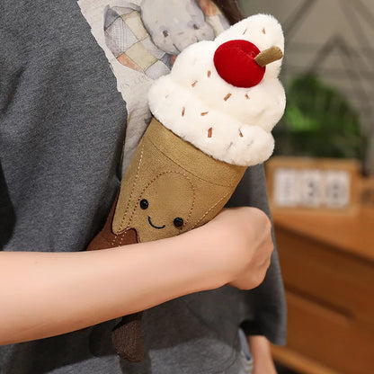 Plush toy resembling a ice cream cone held by a person in a casual setting.