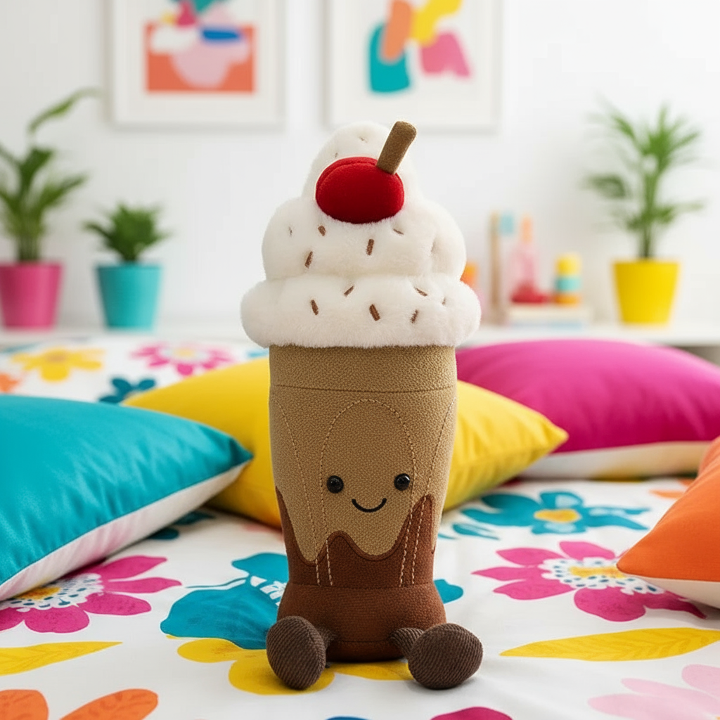 Plush ice cream toy with a cherry on top in a colorful room setting.