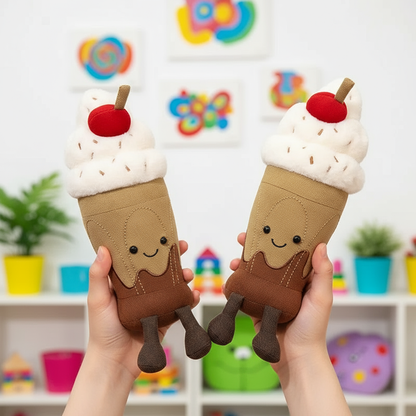 Two plush ice cream cones with faces held by hands against a colorful background.