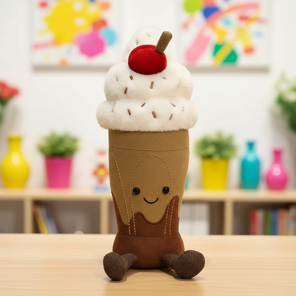 Toy resembling a chocolate ice cream cone with a smiley face on a wooden surface.