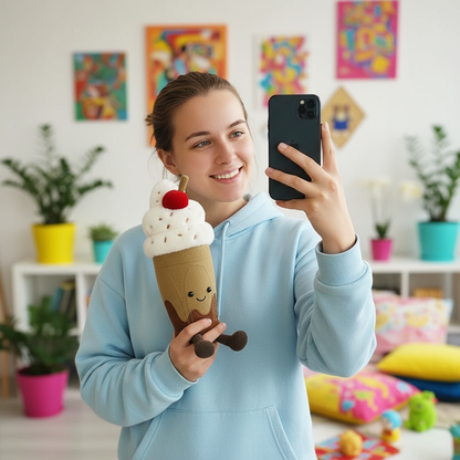 Person holding a plush ice cream toy and a phone in a colorful room.