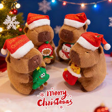Four brown capybara plushies wearing Santa hats with Christmas decorations on a festive background.