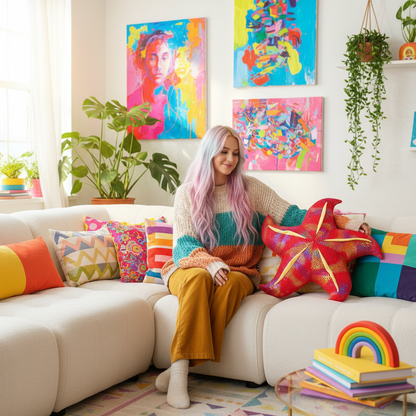 Woman sitting on a colorful couch with vibrant art and decor in the background