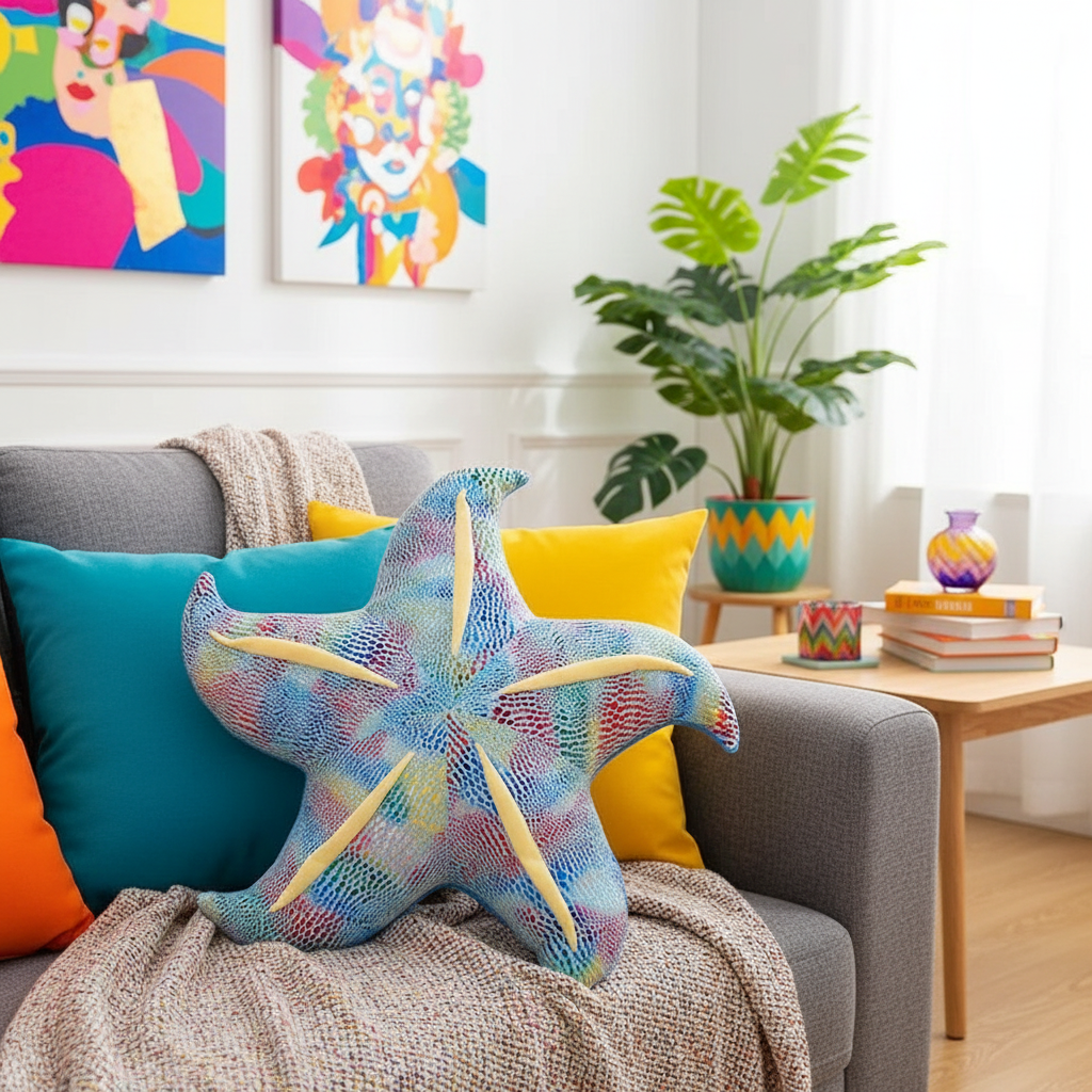 Colorful starfish-shaped plush pillow on a gray sofa in a living room with vibrant decor.