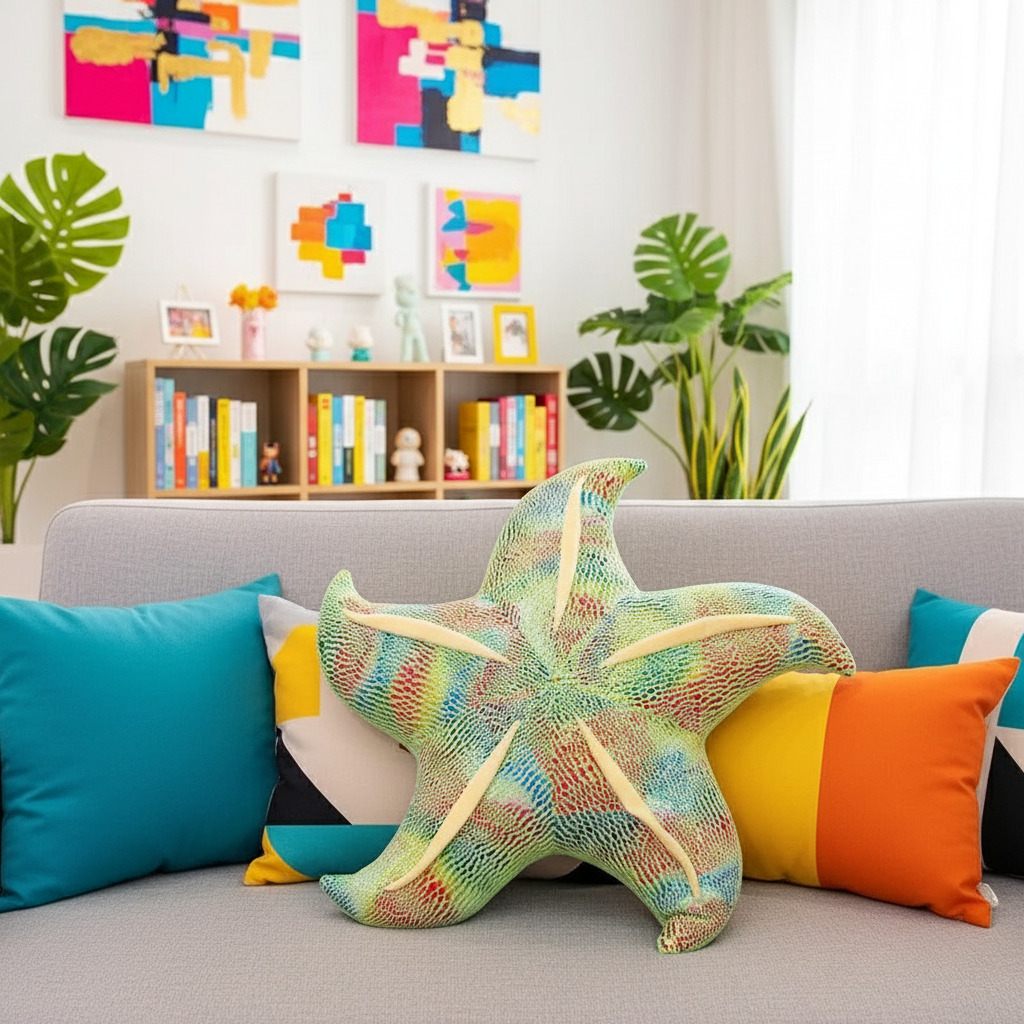Colorful starfish-shaped pillow on a couch with a modern living room background