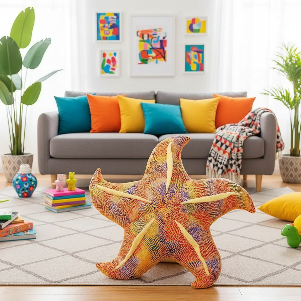 Colorful starfish-shaped plushie pillow on a rug in a living room with a couch and decorative pillows.