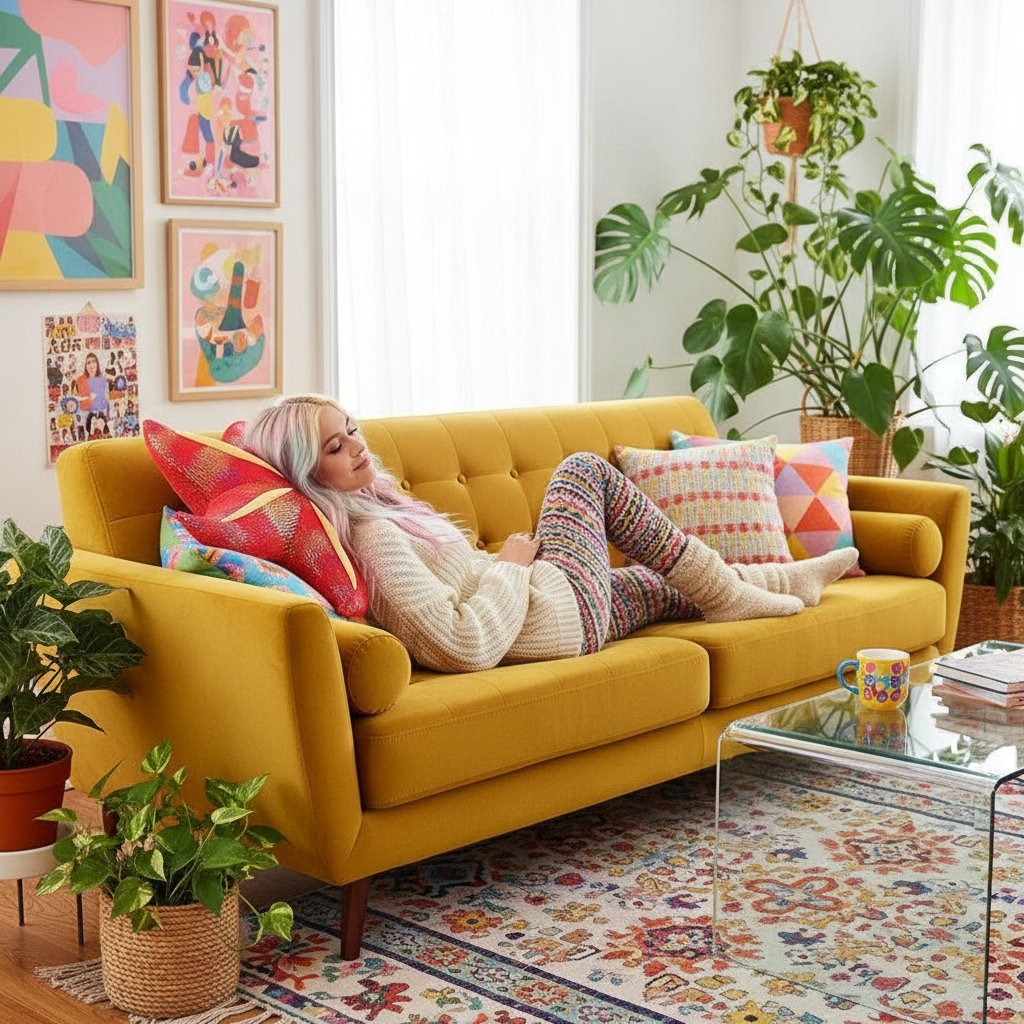 Woman relaxing on a yellow couch in a bright living room with plants and colorful decor.