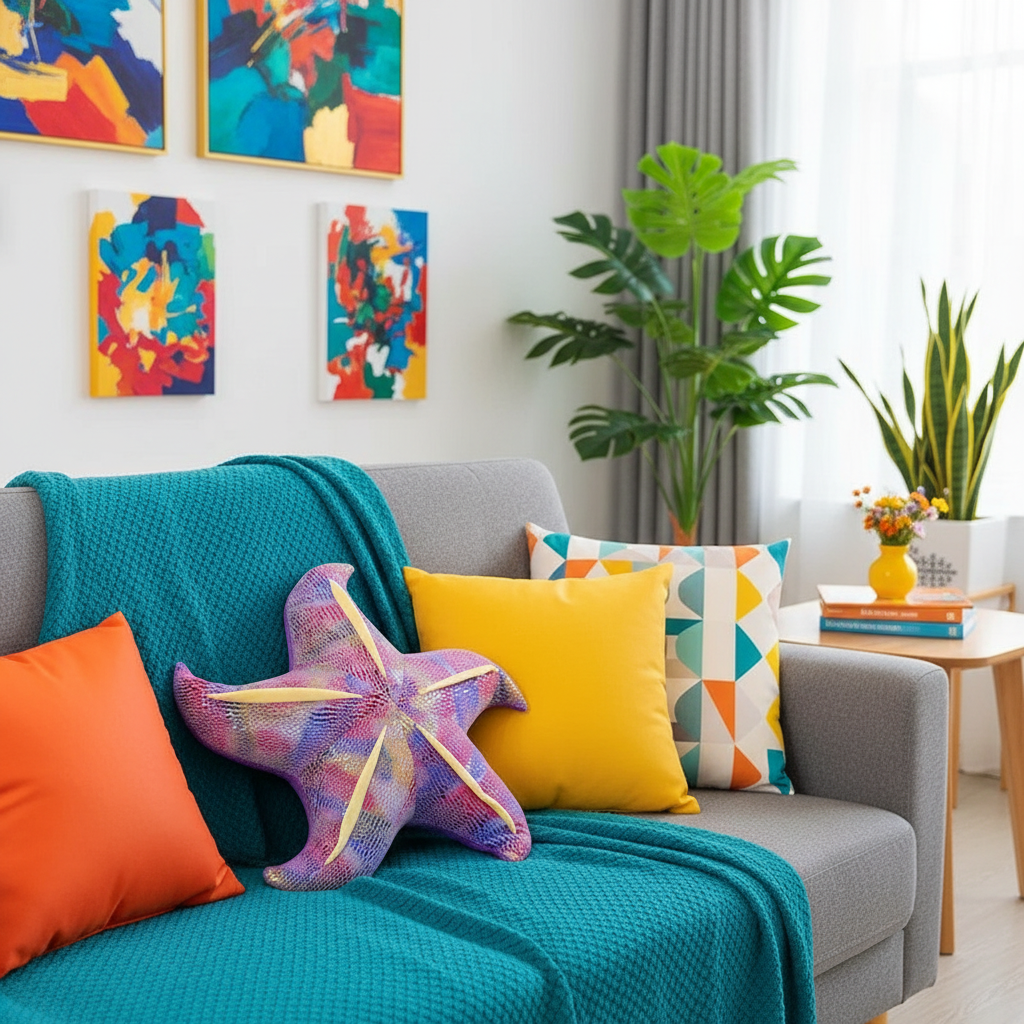 Colorful living room with a gray sofa, starfish pillow, and abstract paintings.
