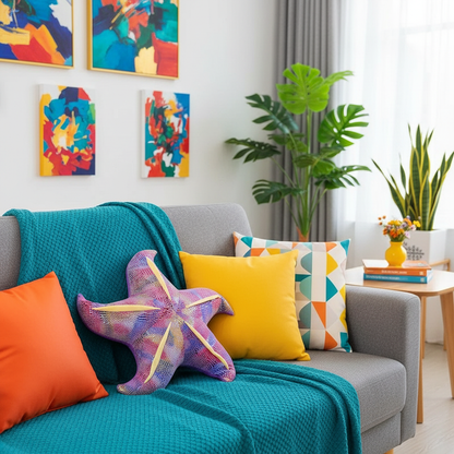 Colorful living room with a gray sofa, starfish pillow, and abstract paintings.