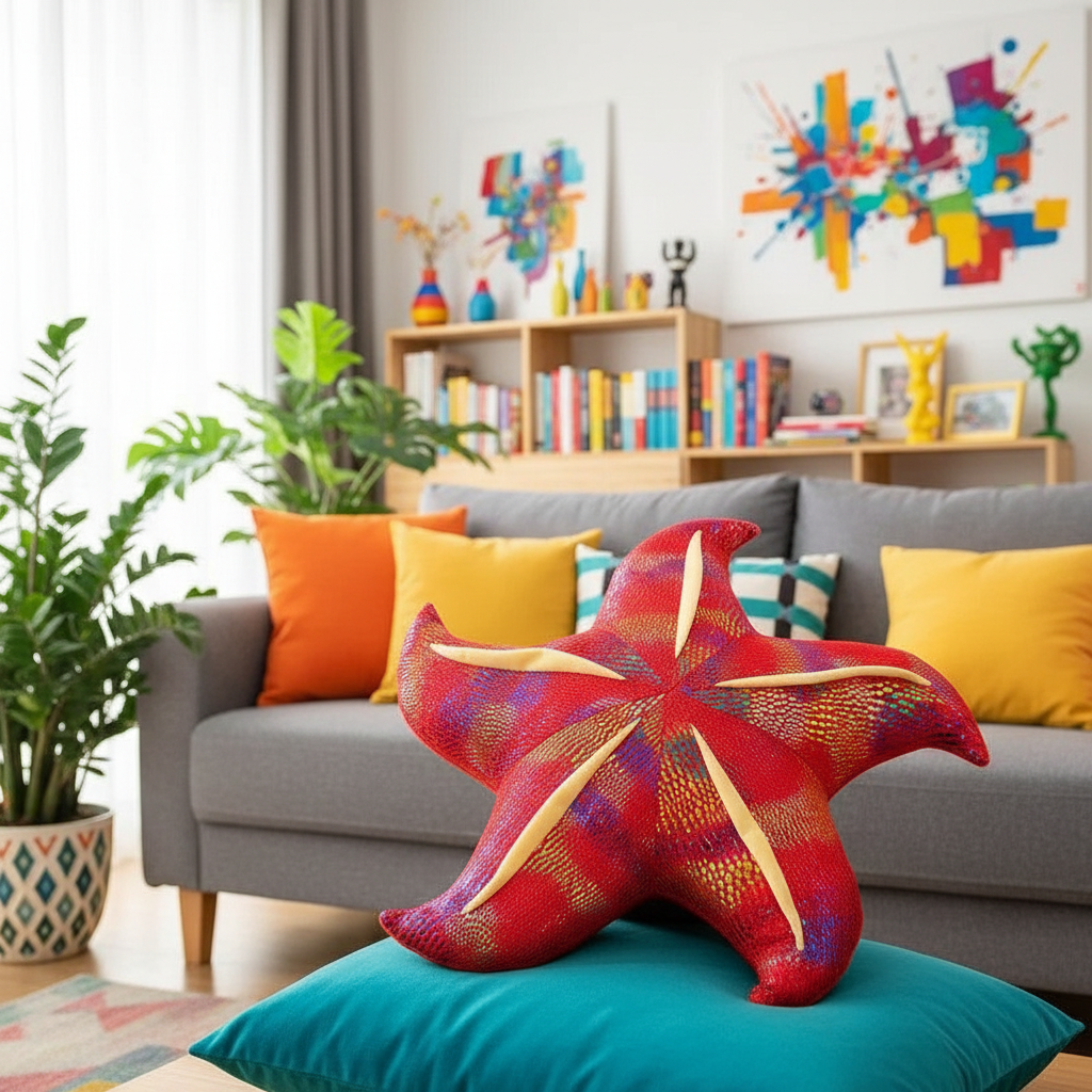 Colorful living room with a starfish-shaped pillow on a couch