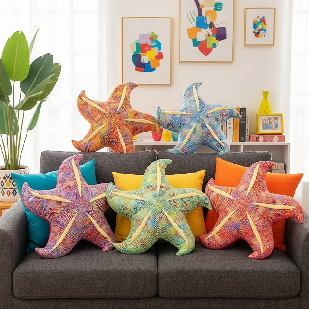 Colorful starfish-shaped plush pillows on a gray sofa with abstract art in the background.