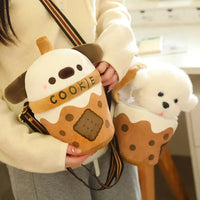 Cookie Cuddles Carry-Along Companion stuffed animal bag showing on shoulder open and shut