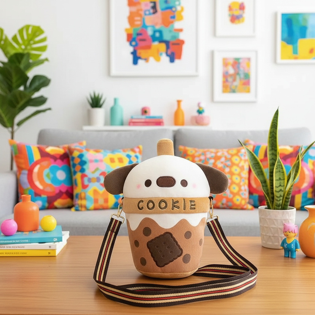 Cookie-themed bag on a table with a colorful living room background